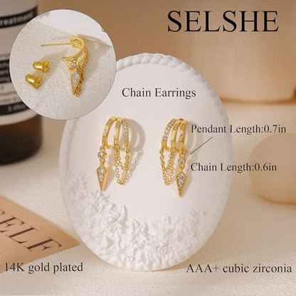 Dangle Earrings for Women,14k Gold Plated Triple Huggie Stud Earrings Cute Statement Chain Earring Dainty Drop Earrings for Women Trendy Gold Plated Jewelry - color: dangle1-Gold