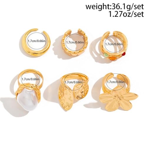 Chunky Gold Rings Set for Women Trendy Statement Flower Knuckle Ring Baroque Pearl Stack Ring Wrinkled Prom Outfits Accessories - color: Gold