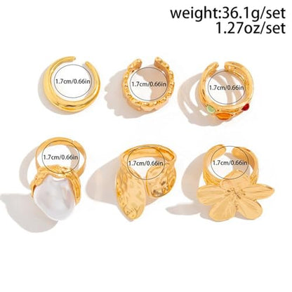 Chunky Gold Rings Set for Women Trendy Statement Flower Knuckle Ring Baroque Pearl Stack Ring Wrinkled Prom Outfits Accessories - color: Gold