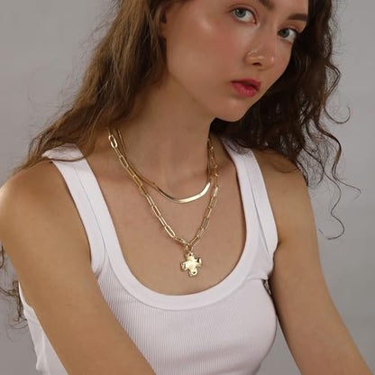 Bheop Chunky Cross Necklace for Women, 14K Gold Silver Statement Necklace | Sturdy Paperclip Chain, Hammered Pendant, Vintage Charm, Trendy Costume Jewelry, Faith Christian Religious Gift, Non Tarnish - style: GD-Cross Necklace(1 inch Pendant)