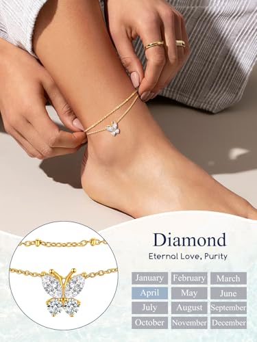 Suplight Gold Plated Butterfly Anklets for Women Waterproof, Layered Boho Ankle Bracelet with Birthstone, Stainless Steel Adjustable Non-Tarnish Heart Foot Jewelry Beach Vacation - color: 04. Butterfly-Apr. Clear Quartz