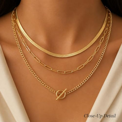 Gold Neklace Stack Dainty Gold Herringbone Necklace for Women Layered Paperclip Chain Necklaces Rhinestone Drop Simple Jewelry Gifts for Women - color: B1:3pcs