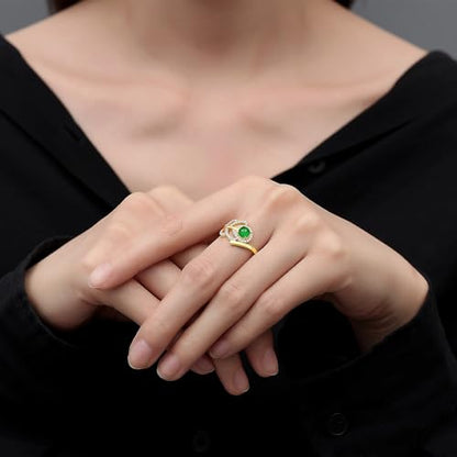 MRW Rings For Women Handmade Natura Green 925 Sterling Silver Gold Plated Zircon Ring Jewelry For Women - color: NATURAL JADE（Leaf Designs）