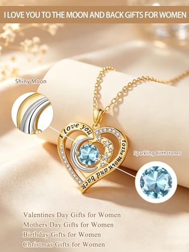 14K Gold I Love You to the Moon and Back Necklace for Women, Double Heart Birthstone Necklace, Moon Star Love Jewelry, Christmas Valentines Mothers Day Birthday Gifts for Wife Mom Girlfriend - color: 03-Mar Birthstone