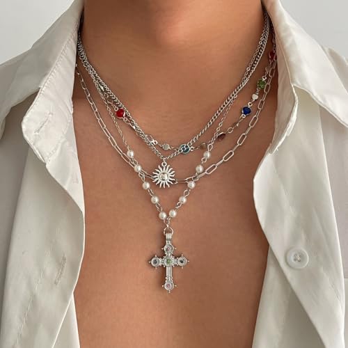MODRSA Gold Stacked Layered Necklaces for Women Pearl Pendant Charm Cross Lariat Slip Shell Starfish Y Chain Necklace Adjustable Silver Boho Jewelry Gifts for Women Summer Vacation Beach Accessories - color: A2- Layered cross pearl - Silver