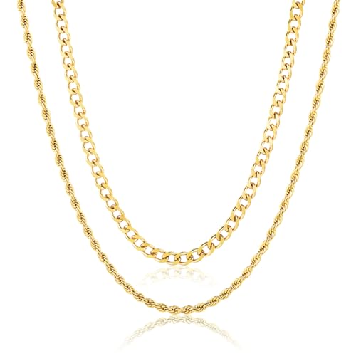 Layered Stainless Steel Chain Necklaces for Men Boys, 2Pcs Cuban Link/Rope/Herringbone Chains Jewelry Gifts, 16 "/18 ", 18 "/20 ", 20 "/22 ", 22 "/24 " - color: Gold, size: 16IN/18IN, style: Cuban/Rope Chain Set