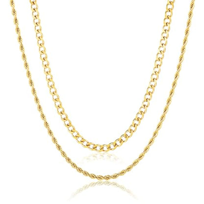 Layered Stainless Steel Chain Necklaces for Men Boys, 2Pcs Cuban Link/Rope/Herringbone Chains Jewelry Gifts, 16 "/18 ", 18 "/20 ", 20 "/22 ", 22 "/24 " - color: Gold, size: 22IN/24IN, style: Cuban/Rope Chain Set