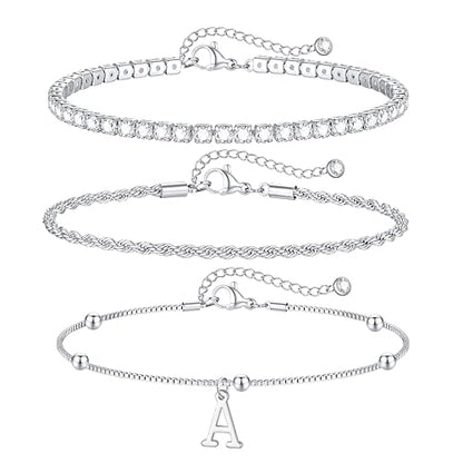 Gold Bracelets for Women Girls - Dainty Gold/Silver Bracelet Stack Jewelry Set Personalized Initial Bracelets Cute Stackable Rope Box Chain Tennis Bracelets Gifts for Women Teen Girl Gifts - color: A'-Silver