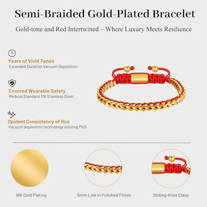 18K Gold-Plated Bracelets for Men Franco Link Chain Adjustable | Stainless Steel Bracelet, Gold Beads Bracelet, Handcrafted Braided, Mens Jewelry Birthday Gift for Men - color: Gold with Red