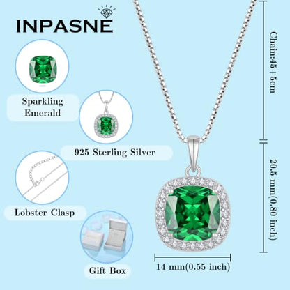 Birthstone Necklace for Women 925 Sterling Silver Princess Cut Halo Necklace Pendant Jewelry for Mom Wife - color: Green