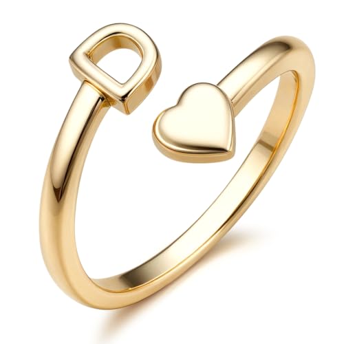 FUNRUN JEWELRY Gold Initial Ring for Women Non Tarnish 14K Gold Plated | Adjustable Letter Rings A-Z Dainty Heart Alphabet Stackable Band Rings Trendy Capital Letter Pinky Knuckle Thumb Ring - style: D Initial Ring