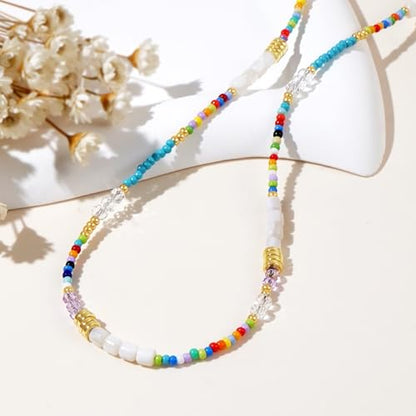 Gold Seed Beaded Necklaces for Women, Boho Handmade Adjustable Colorful Beads Choker Summer Beach Jewelry Gift. - color: White Blue