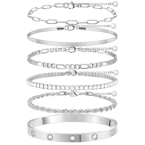 MOINSPIRE Bracelets for Women Non Tarnish, Dainty 18K Gold Plated Bracelets Stack Trendy Waterproof Stackable Bangles, Cuban Link Paperclip Chain Jewelry Set Fashion Accessories Gifts for Women - color: A5-Silver Clip Bead + Bracelet