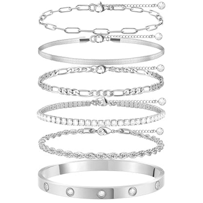 MOINSPIRE Bracelets for Women Non Tarnish, Dainty 18K Gold Plated Bracelets Stack Trendy Waterproof Stackable Bangles, Cuban Link Paperclip Chain Jewelry Set Fashion Accessories Gifts for Women - color: A5-Silver Clip Bead + Bracelet