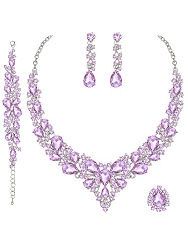 CSY Elegant Crystal Costume Jewelry Sets for Formal Events Gown Accessories | 4-Piece Set Bridal Necklace Earrings Bracelet Ring Set for Brides Eco-friendly Statement Jewelry for Wedding Party Prom - color: white gold plated-violet