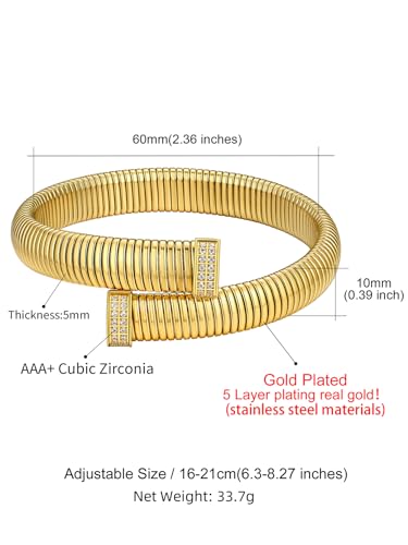 KeyStyle Bangle Bracelets For Women, Stainless Steel Stretch Bracelet Wide | 14K Gold/Rose Gold/Black/Silver Plated Flexible Wide Twisted Link Chain Wristband Jewelry, 10Mm, 16Mm, 20Mm - color: 10mm - CZ - Gold