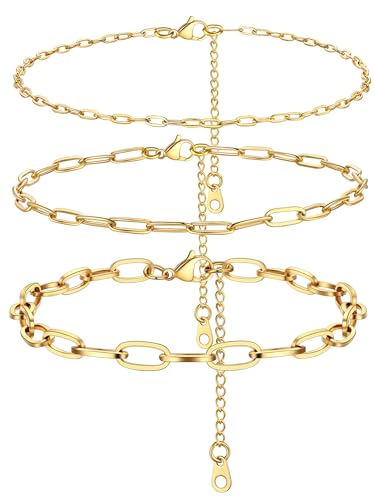 PROSTEEL Ankle Bracelets for Women, Silver/Gold/Black, Waterproof Anklets | Waterproof, Stainless Steel, Summer Beach Jewelry, Durable & No Tarnish, Come with Gift Box, 8-10.5" Adjustable, Plus Size - color: L: gold-paperclip chain(3pcs)