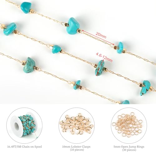 KYUNHOO 5M Gold Plated Chain for Jewelry Making Turquoise Blue Stone Chain | Gold Brass Necklace Jewelry Bulk Chain for Bracelet Ankle Crafting Finding Jewelry Supplies - color: Natural Stone-Blue