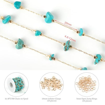 KYUNHOO 5M Gold Plated Chain for Jewelry Making Turquoise Blue Stone Chain | Gold Brass Necklace Jewelry Bulk Chain for Bracelet Ankle Crafting Finding Jewelry Supplies - color: Natural Stone-Blue