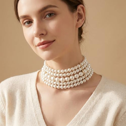 5 Layers Round Imitation Pearl Choker Necklace, Vintage White Multi-Strand Pearlchoker Necklaces for Women Bridal Wedding Party