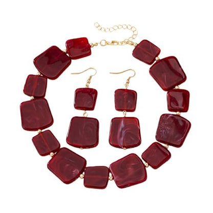 Retro Square Resin Beaded Jewelry Set Bohemia Vintage Adjustable Geometric Acrylic Beaded Choker Necklaces Dangle Earrings for Women Boho Trendy Wedding Party Statement Jewelry Gifts - style: StyleA