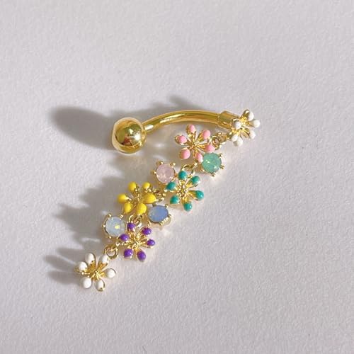 Colorful Daisy Flower Belly Button Ring 316L Surgical Stainless Steel CZ Cute Enamel Flowers Dangle Navel Belly Rings Dainty Body Piercing Jewelry Gifts for Women 14G - color: Gold