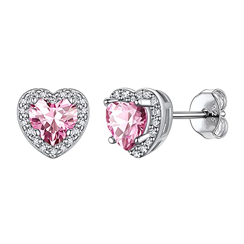 Suplight 925 Sterling Silver Birthstone Stud Earrings for Women, Round/Heart/Teardrop/Square Crystal Diamond Earrings for Women, Dainty Birthday Gifts Jewelry - color: style b-10. heart-October(Created Tourmaline)