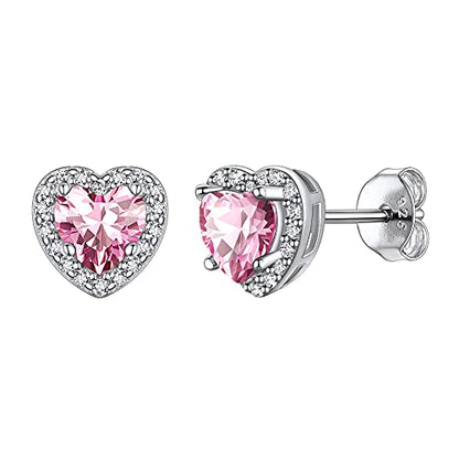 Suplight 925 Sterling Silver Birthstone Stud Earrings for Women, Round/Heart/Teardrop/Square Crystal Diamond Earrings for Women, Dainty Birthday Gifts Jewelry - color: style b-10. heart-October(Created Tourmaline)