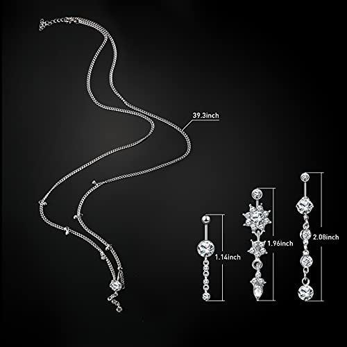 Hicarer 3 Pieces Crystal Belly Ring with Chain Rhinestone Waist Body Chain Bikini Belly Jewelry Beach Accessories Jewelry for Women Adults - color: silver, style: Attractive Style