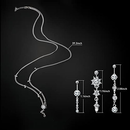 Hicarer 3 Pieces Crystal Belly Ring with Chain Rhinestone Waist Body Chain Bikini Belly Jewelry Beach Accessories Jewelry for Women Adults - color: silver, style: Attractive Style