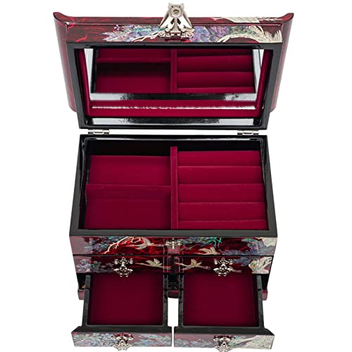 February Mountain Mother of Pearl Wooden Jewelry Organizer Box – Jewelry Storage Box for Women, Features Spacious Drawers, Ideal for Rings, Bracelets, Watches, Chains, Accessories (Crane_Red) - style: Crane_Red