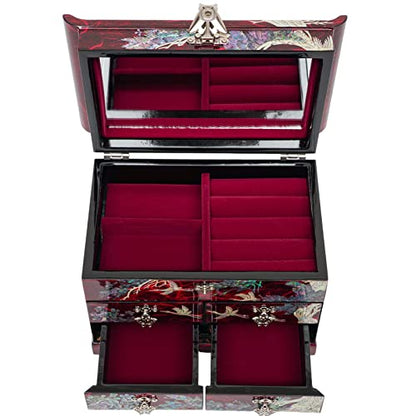 February Mountain Mother of Pearl Wooden Jewelry Organizer Box – Jewelry Storage Box for Women, Features Spacious Drawers, Ideal for Rings, Bracelets, Watches, Chains, Accessories (Crane_Red) - style: Crane_Red