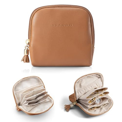 VLANDO Small Travel Jewelry Case,Velvet Pouch Bags with Zipper,Brown | Travel Essentials,PU Leather Organizer with 5 Divided Sections,Carry-On Totes,Gift for Birthday,Bride,Bridesmaid,Women,Girls - color: A.Brown