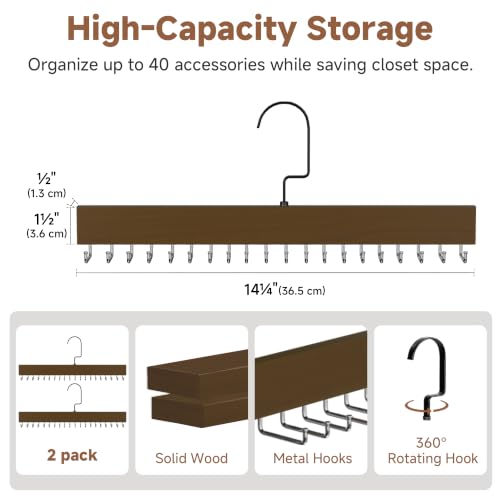 StorageWorks Tie Hanger with 20 Swivel Hooks, 2 Pack Wooden Hanger, Walunt | Sturdy Walnut Tie Wooden Hanger with 180° Swivel Hooks, Space Saver Rack for Ties, Belts, Scarves in Closet - color: Walnut