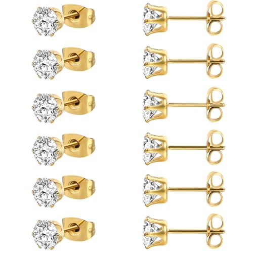 MDFUN 6 Pairs Stud Earrings Sets 3-8MM 18K Gold Plated Round 5A+ Cubic Zirconia Earrings Hypoallergenic CZ 6 Prong Ears Jewelry for Women - color: 7MM-Yellow Gold