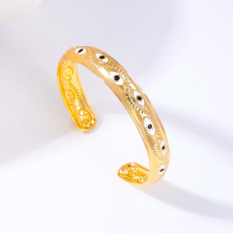 Evil Eye Bracelet, Chunky Gold Bangle Silver Boho Bracelets Open Bohemian Trendy Statement Adjustable Stainless Steel For Women Jewelry Gifts - color: Gold White Eye
