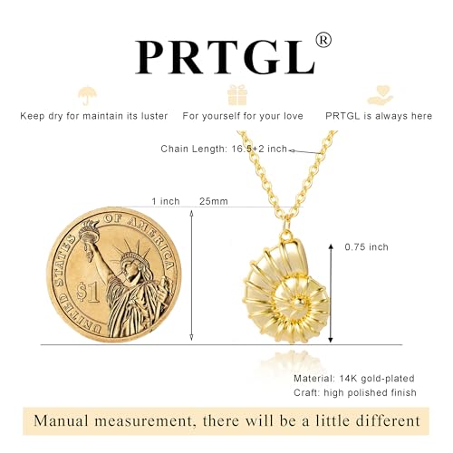 Dainty Gold Necklace: 14k Gold Plated Dianty Boots Bow Sun Moon Horse Evil Eye Conch Seahorse Necklace for Women 16.5"+2" - color: Nautilus