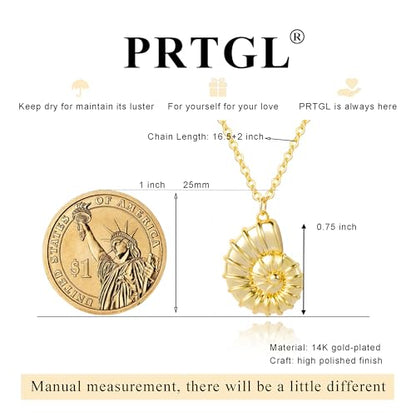 Dainty Gold Necklace: 14k Gold Plated Dianty Boots Bow Sun Moon Horse Evil Eye Conch Seahorse Necklace for Women 16.5"+2" - color: Nautilus