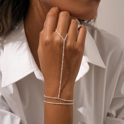 Bracelets for Women, Dainty Gold Silver Ring Bracelet Hand Chain | Cubic Zirconia Pearl Charms, 14K Gold Plated, Adjustable Fit, Trendy Stackable Link Chain, Waterproof Jewelry, Gift for Her - color: Silver-dot hand chain bracelet-2 pieces