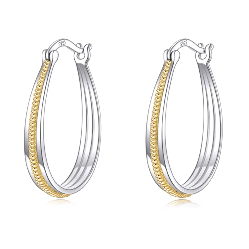Small Sterling Silver Gold Hoop Earrings Oval Grooved Two Tone Hoops Earrings for Women - color: Two Tone Rope Hoops