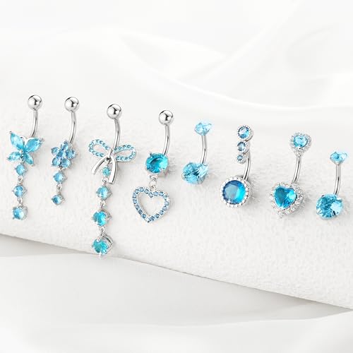 BSJ4U 8Pcs Gold Pink Silver Belly Button Ring Dangle Navel Belly Piercing Jewelry Cute CZ Butterfly Heart Flower Bow Navel Belly Rings for Women 14G Hypoallergenic Surgical Stainless Steel Dainty Dangling Dangly Belly Button Piercing Pack - color: Blue Be