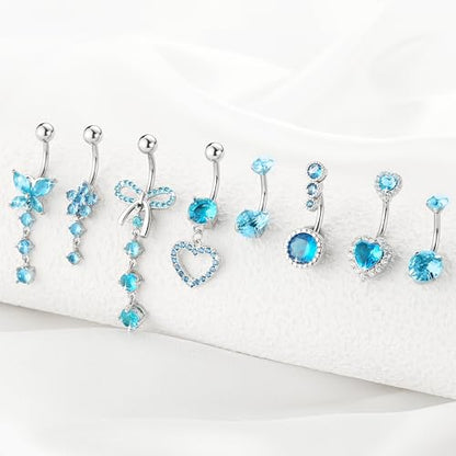 BSJ4U 8Pcs Gold Pink Silver Belly Button Ring Dangle Navel Belly Piercing Jewelry Cute CZ Butterfly Heart Flower Bow Navel Belly Rings for Women 14G Hypoallergenic Surgical Stainless Steel Dainty Dangling Dangly Belly Button Piercing Pack - color: Blue Be