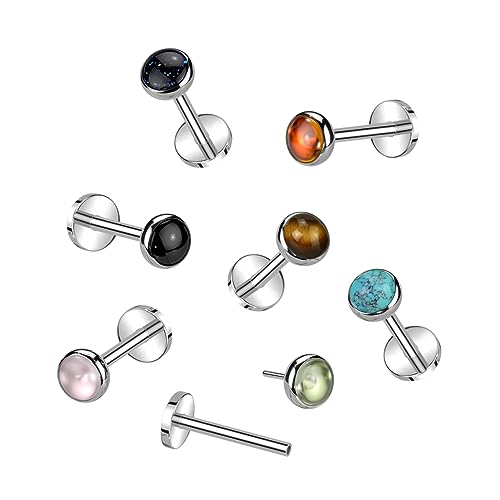 Pierced Owl 18GA ASTM F-136 Implant Grade Titanium Threadless Push-In Bezel Set Natural Stone Flat Back Stud - style: Tiger's Eye
