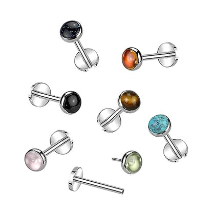 Pierced Owl 18GA ASTM F-136 Implant Grade Titanium Threadless Push-In Bezel Set Natural Stone Flat Back Stud - style: Pink Opalite