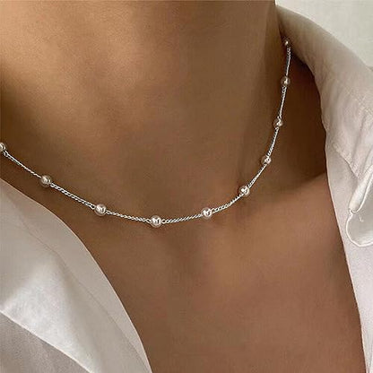 Gold Pearl Necklace For Women - 14K Gold Plated Layered Herringbone Chain Pearl Necklace, Trendy Simple Gold Jewelry Gift - color: Layered Satellite Pearl-Silver