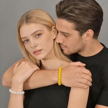2PCS Agate Bracelet for Women Men Natural Round Beaded Agates Stone Healing Stretch Bracelets Elastic Handmade Polished Gemstone Beads Bracelet - color: White+Yellow, size: 8mm Beads