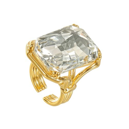 Bling Rhinestone Rectangle Statement Knuckle Cocktail Ring Adjustable Band for Women Trendy Geometric Sparkly Clear Crystal Chunky Open Finger Rings Engagement Wedding Promise Party Prom Jewelry Gift