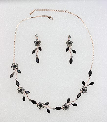 Faship Gorgeous Rhinestone Crystal Floral Necklace Earrings Set - color: Black / Rose Gold Plated