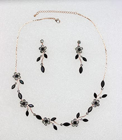Faship Gorgeous Rhinestone Crystal Floral Necklace Earrings Set - color: Black / Rose Gold Plated
