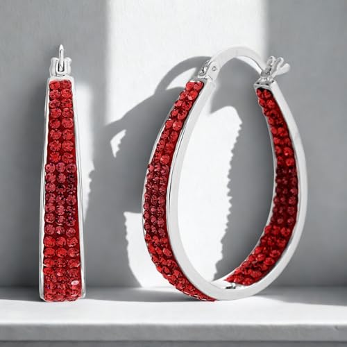 Devin Rose Oval Inside Outside Hoop Earrings for Women Faceted Sparkle Crystals - color: Red